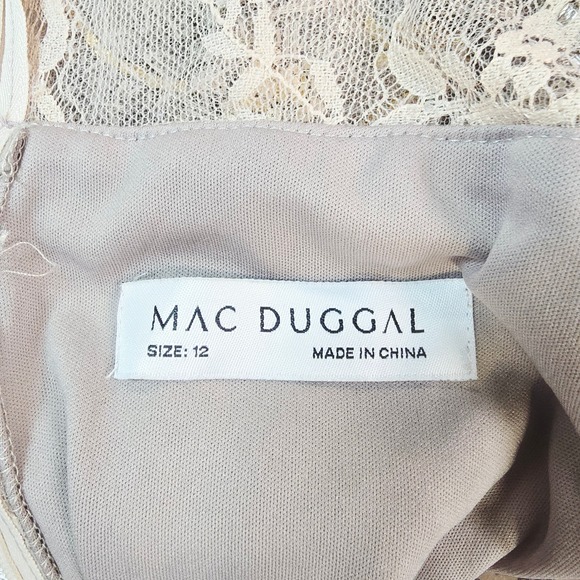 Mac Duggal Women 12 Sequin Beaded Lace Flutter Sleeve Maxi Gown Taupe Champagne - Picture 13 of 14